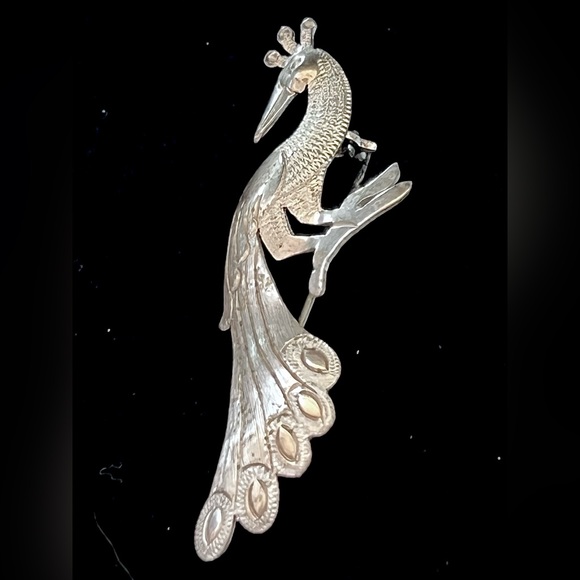 Old DESIGNER Hecho En Mexico Silver - Fantasy Peacock Bird Brooch Pin - Picture 4 of 4